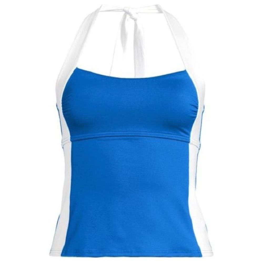 Land's End Seamed v-neck halter tankini top two ties white bright cobalt blue 14